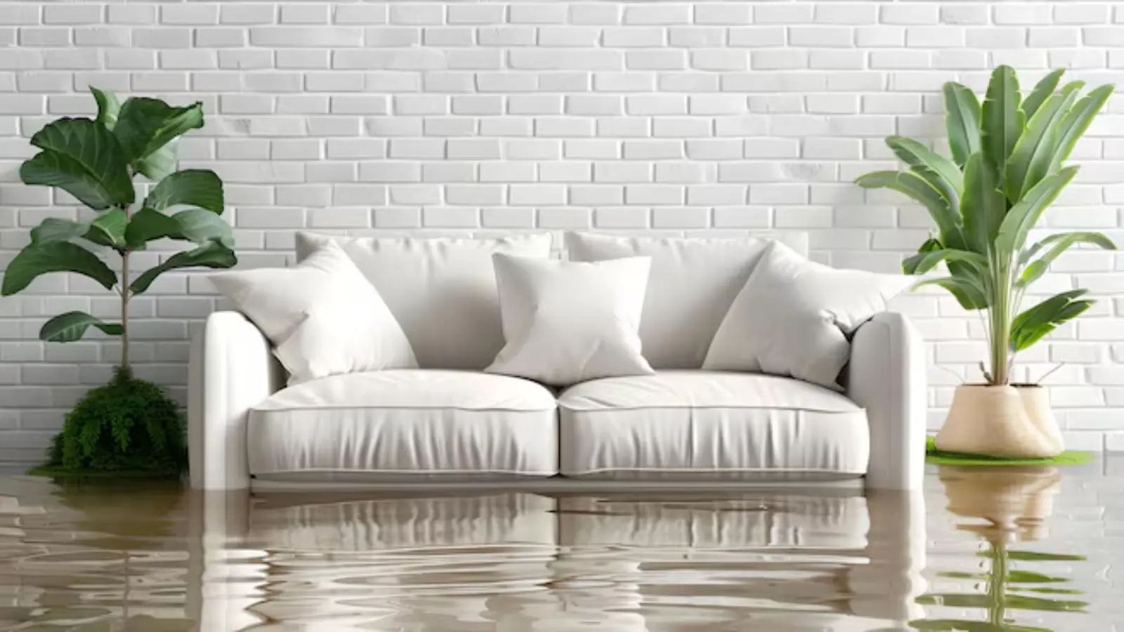 Condo style living room with a white sofa standing in shallow water after a leak