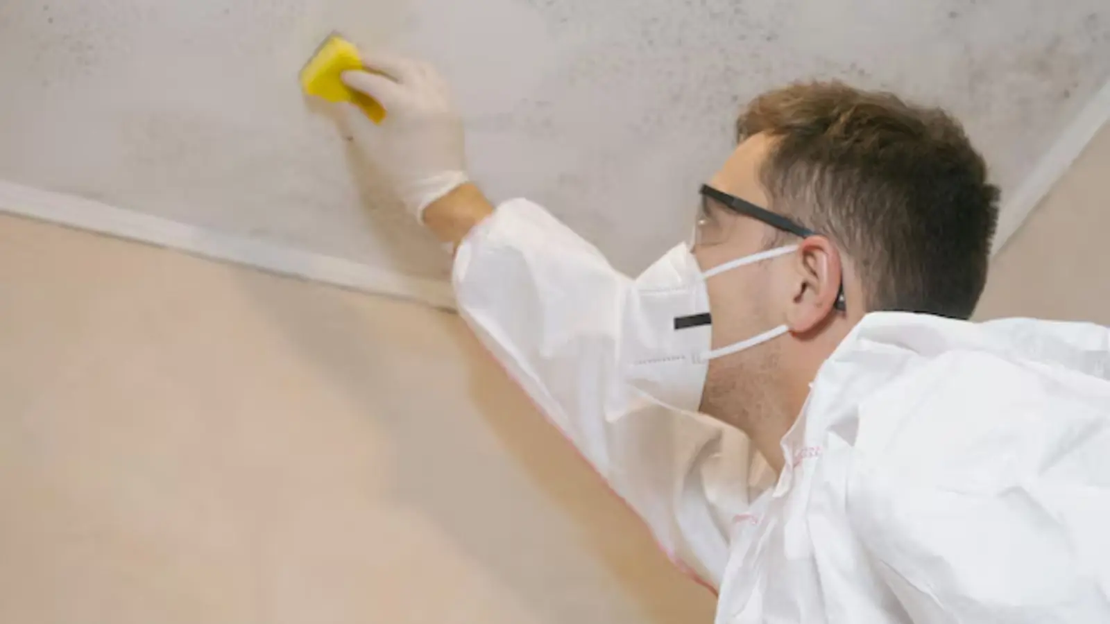 Inspector in a mask and protective suit checking a wall for mold
