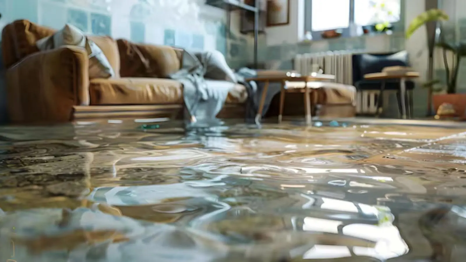 Living room with a sofa standing in shallow floodwater