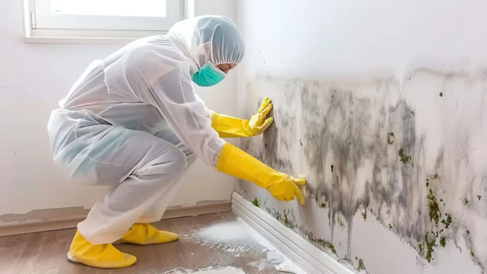 Technician in protective gear cleaning mold growth along the baseboard of a room