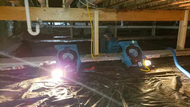 Air movers running under vapor barrier plastic in a crawl space beneath floor joists