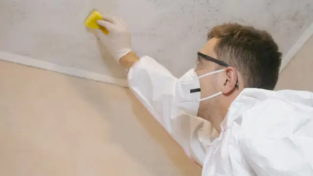 Inspector in a mask and protective suit checking a wall for mold