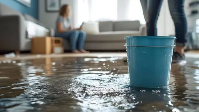 Renter holding a bucket beside water on the living room floor