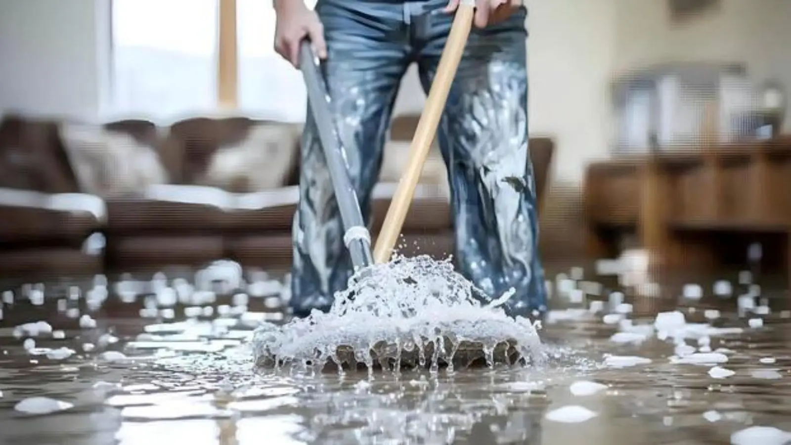 Person mopping a wet floor during water damage cleanup in a living space